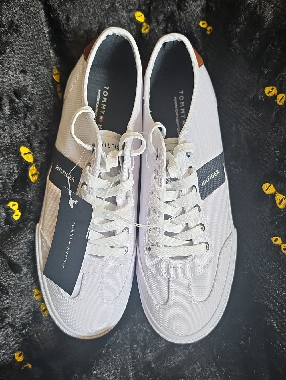 Tommy Hilfiger White Sneakers with Navy Stripe and Brown Heel Tab